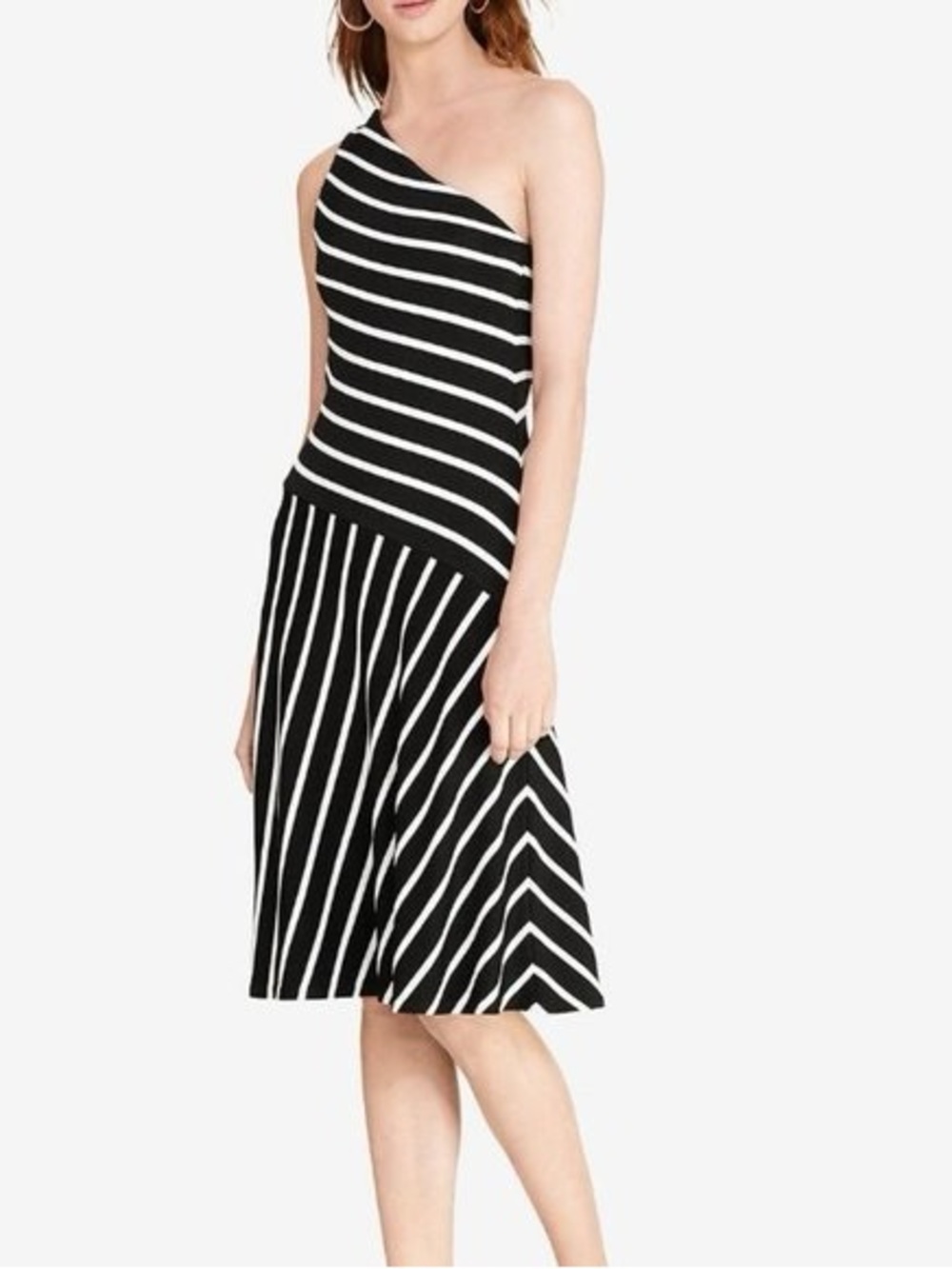 Lauren Ralph Lauren Black and White One-Shoulder Striped Knit Dress
